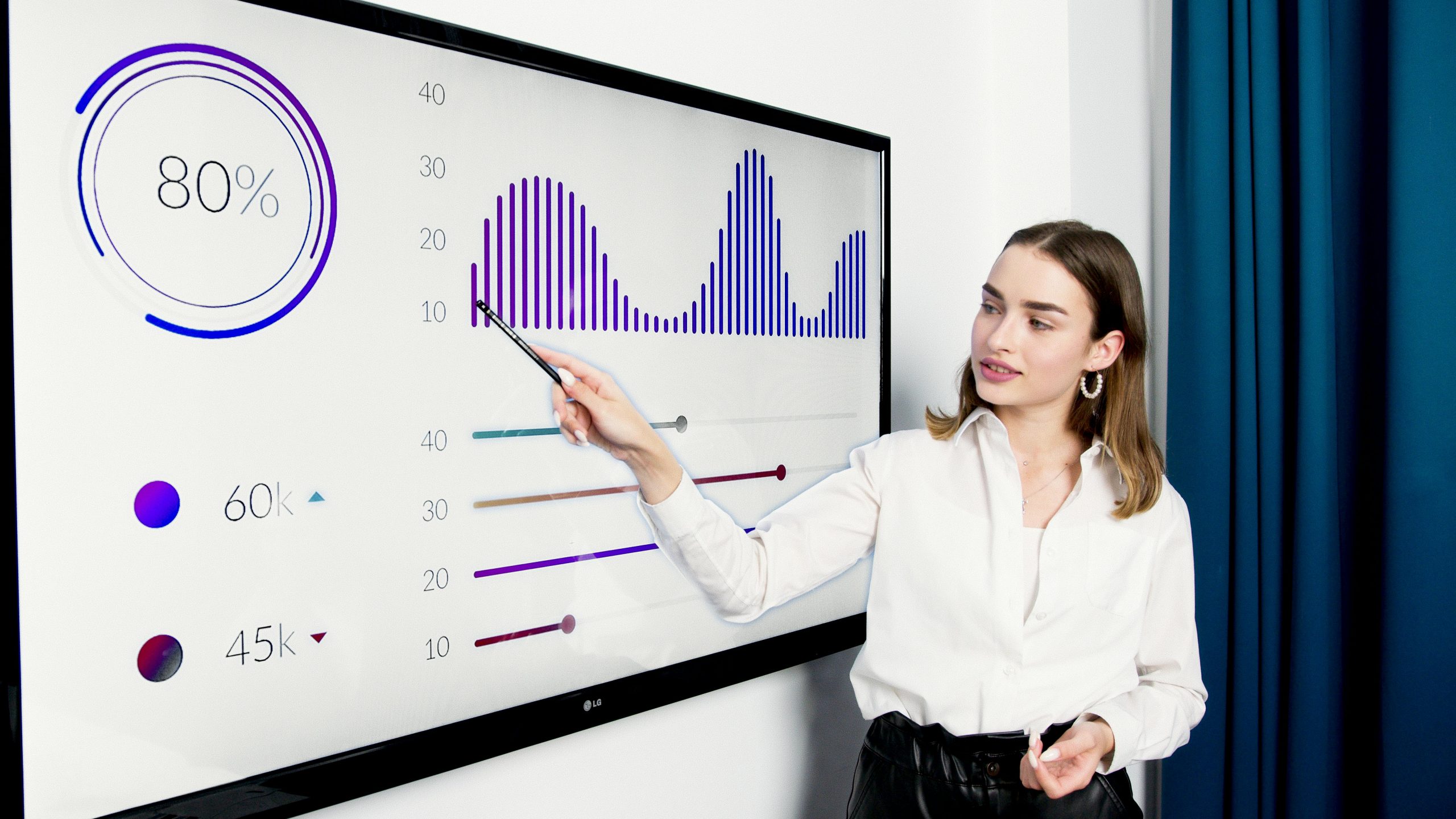 woman in a business outfit giving a presentation